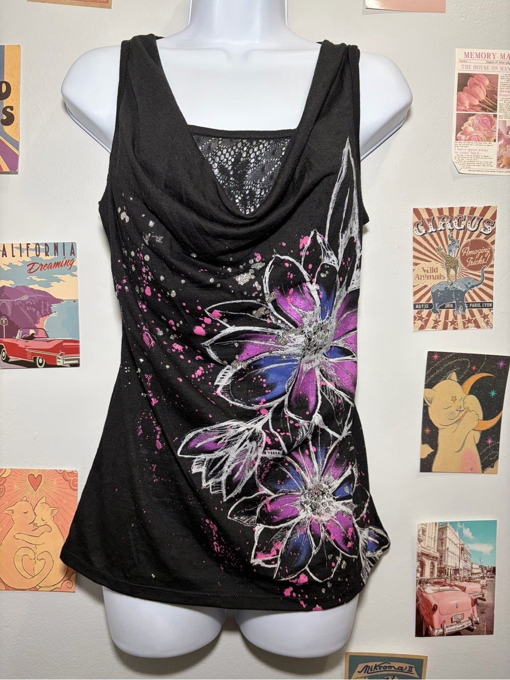 Hybrid Apparel Black Floral Cowl Neck Tank with Purple & Blue Accents